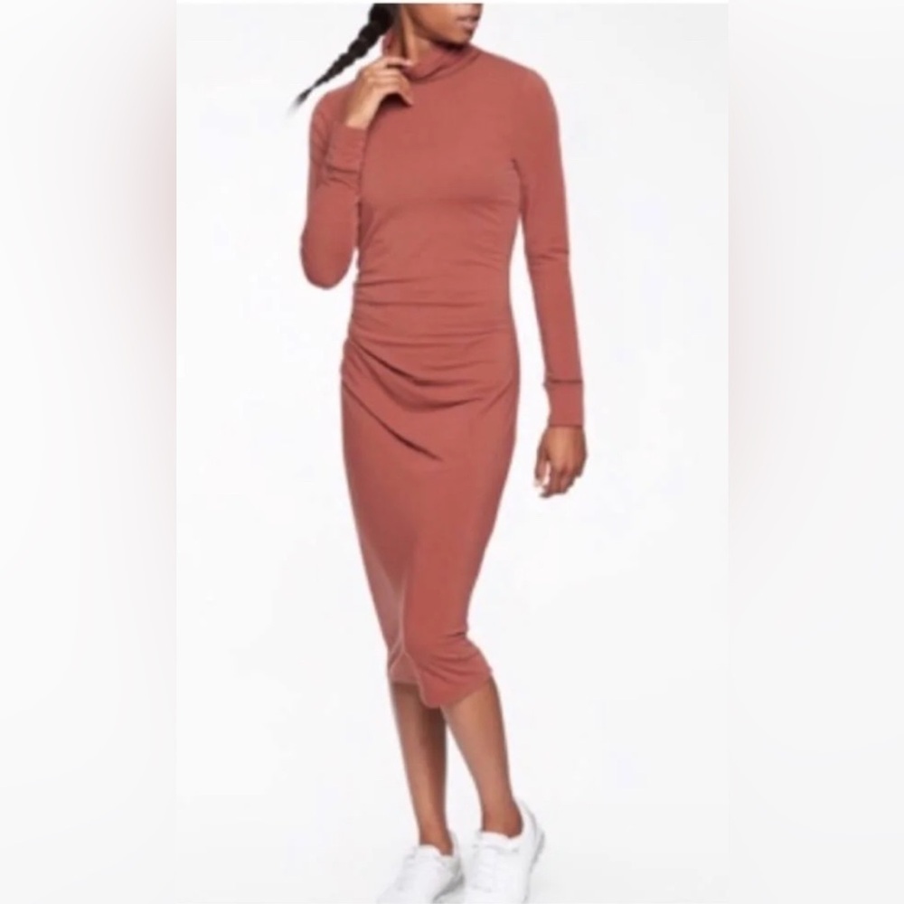 ATHLETA Industry Turtleneck Dress Womens XS Havana Brown Long Sleeve Midi Wool